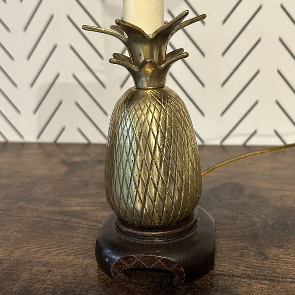 Vintage Brass Pineapple Lamp Wood Base Tropical Decor 10” Table Light - No Shade - Picture 5 of 14
